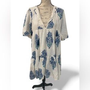Sohana Handcrafted Block Print Cotton Dress | Blue Floral | Tassel Tie | Boho M